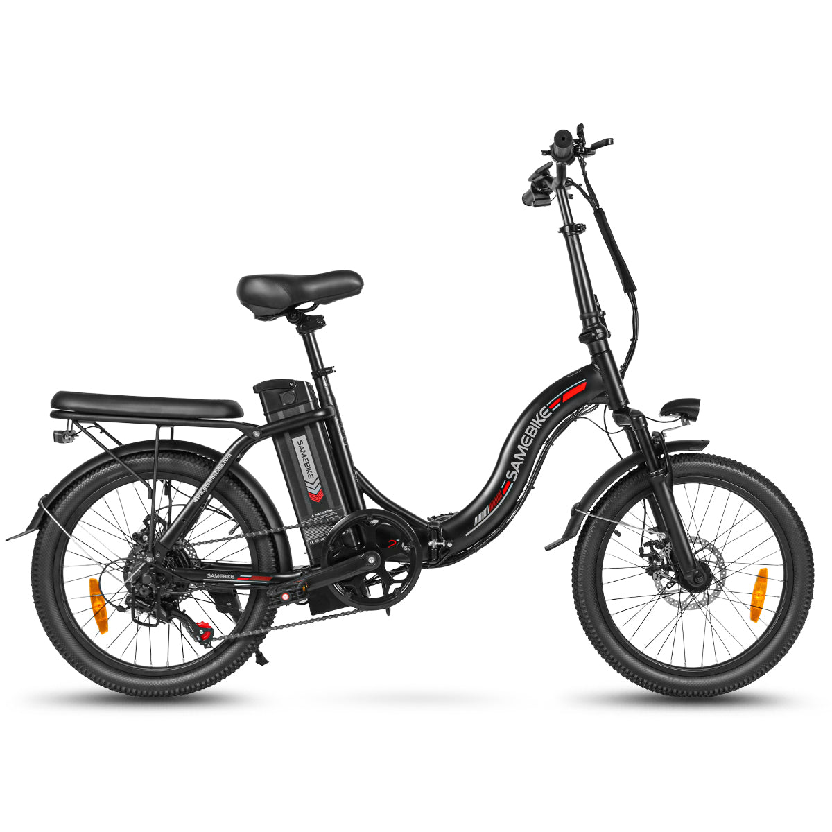 Vélo électrique pliable SAMEBIKE CY20, roue à rayons 20 x 2,35 pouces, moteur 350 W, batterie 36 V 12 Ah, vitesse maximale 32 km/h, autonomie maximale 80 km, double suspension, freins à disque mécaniques, Shimano 7 vitesses, écran LCD